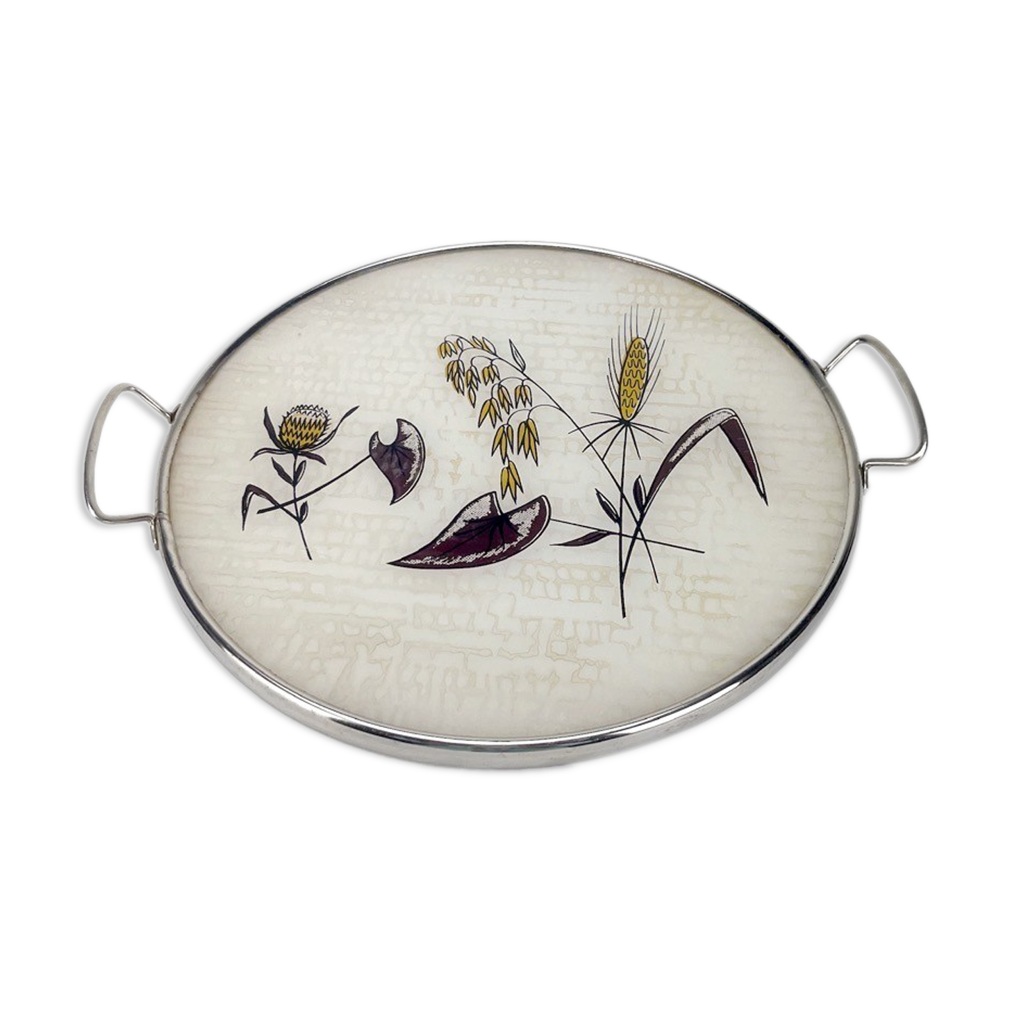 Round service tray in glass and metal vegetal decoration 1950