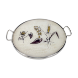 Round service tray in glass and metal vegetal decoration 1950