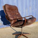 Armchair swivel vintage leather, wood and metal