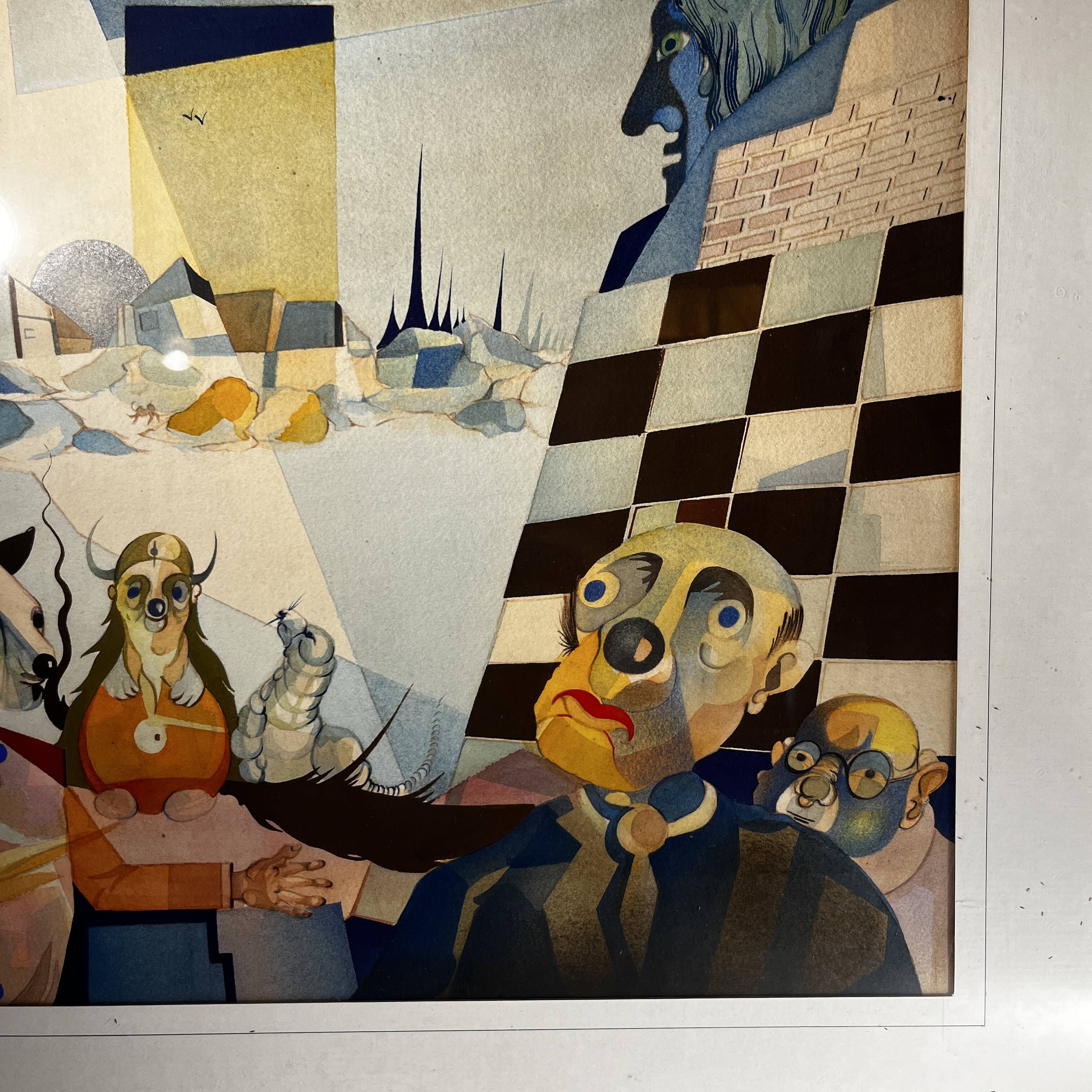 Tableau cubo-surréaliste, technique mixte sur papier