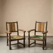 Brutalist pair of rustic turned wooden armchairs from the 1950s.