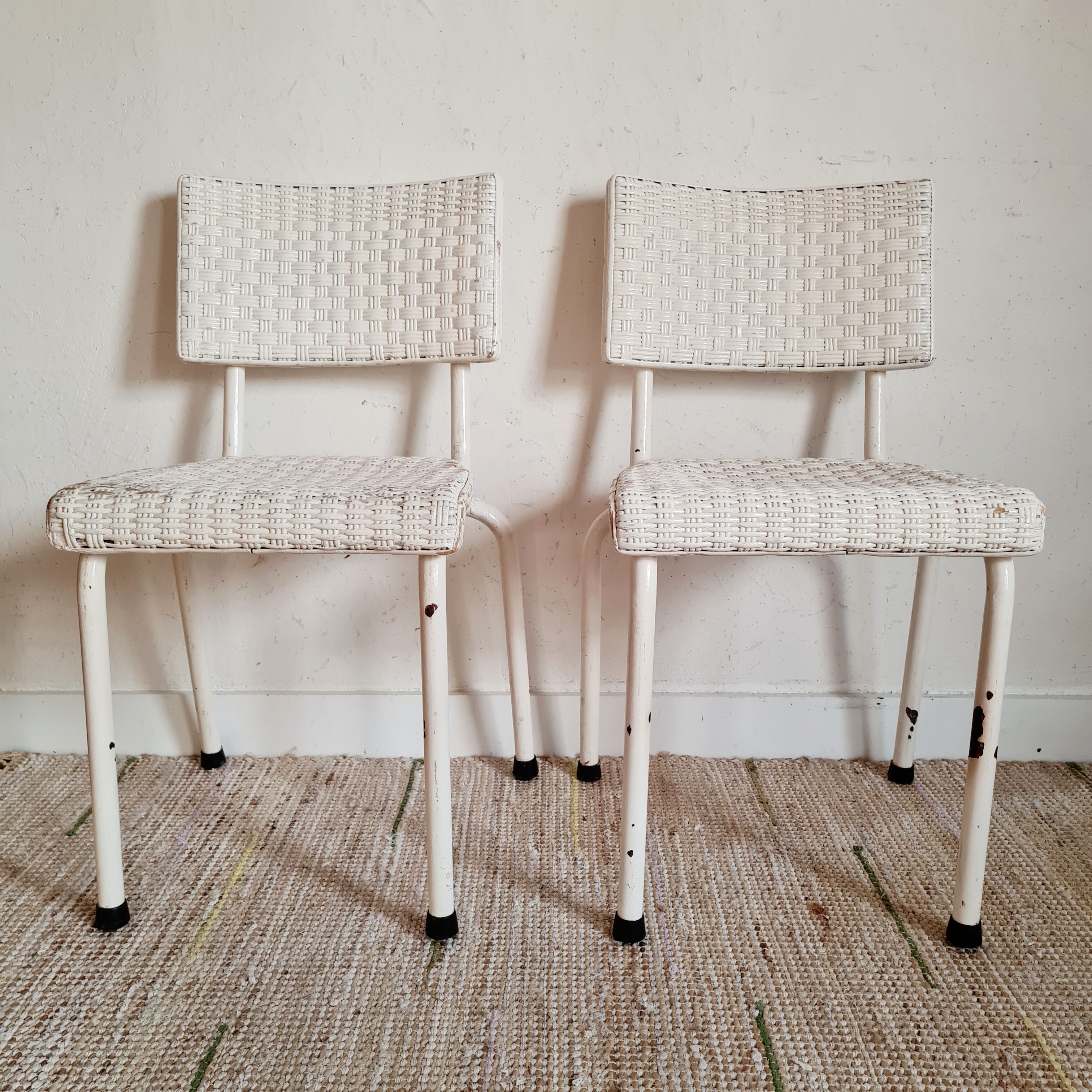 Vintage rattan bistro chairs white and metal