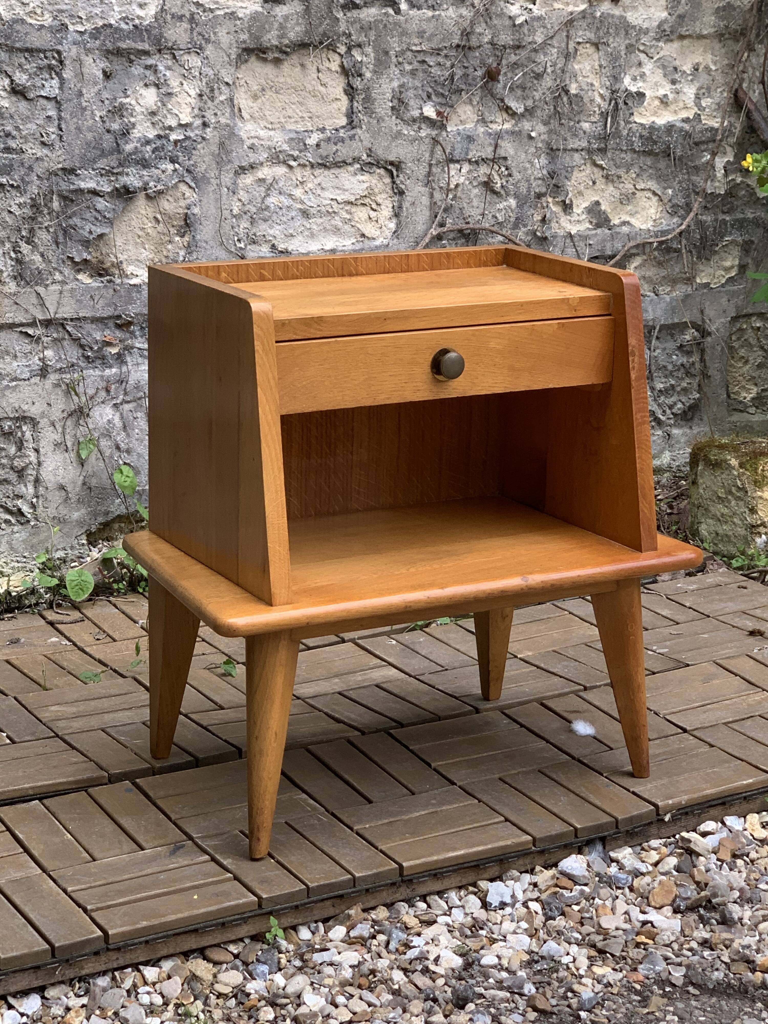Solid oak compass feet bedside table 1950