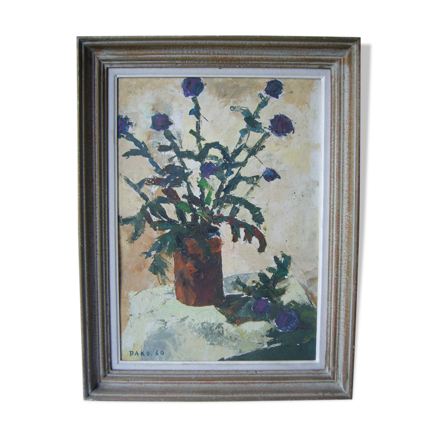 oil on cardboard table represents a bouquet. signed,dated