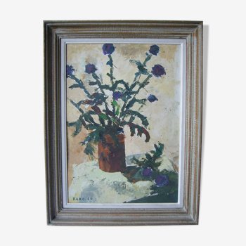 oil on cardboard table represents a bouquet. signed,dated