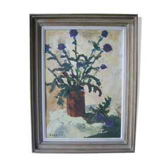 oil on cardboard table represents a bouquet. signed,dated