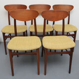 Set of 5 chairs in teak, yellow fabric