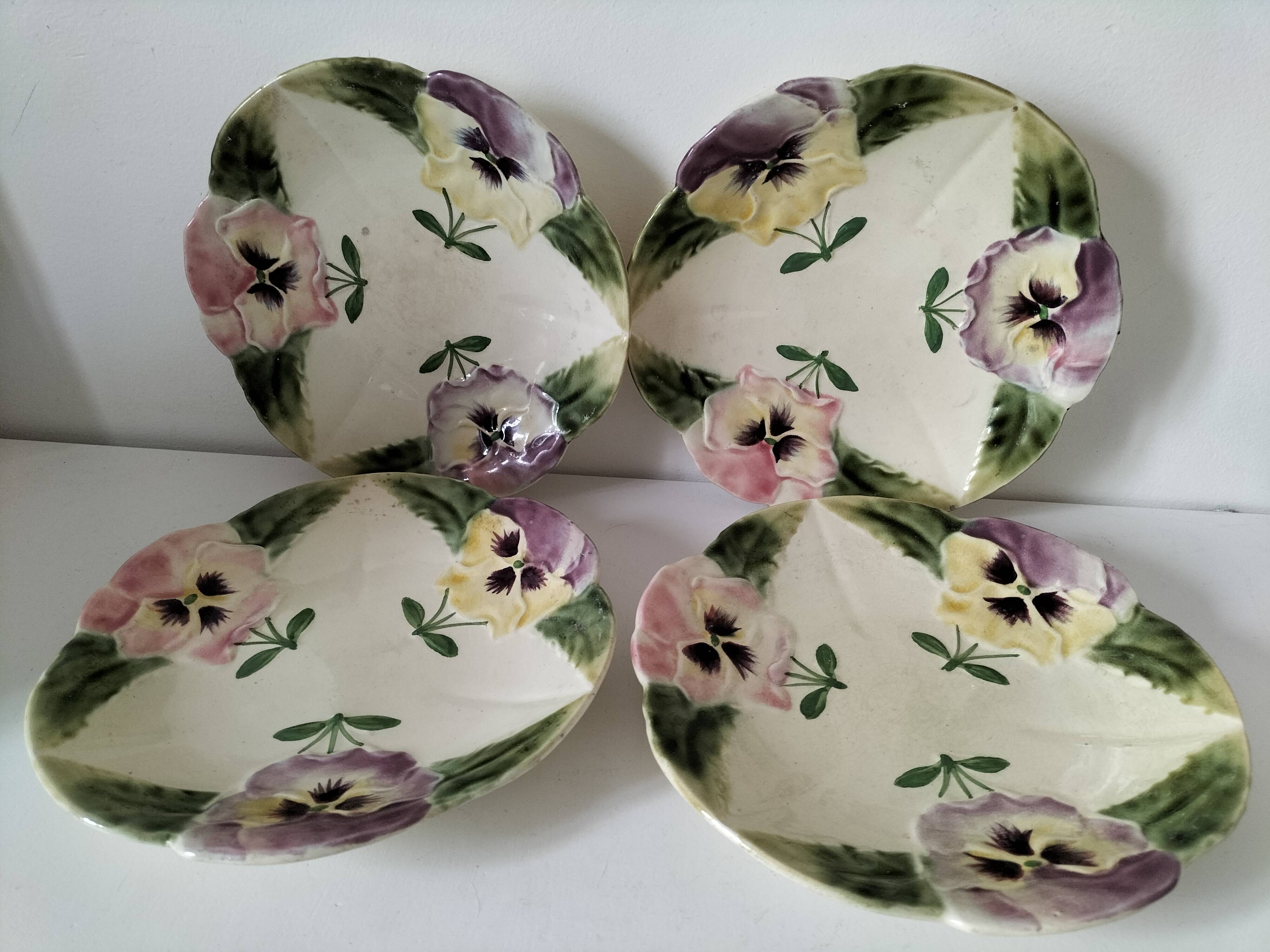 4 barbotine plates with pansies H. Boulenger Choisy-le-Roi