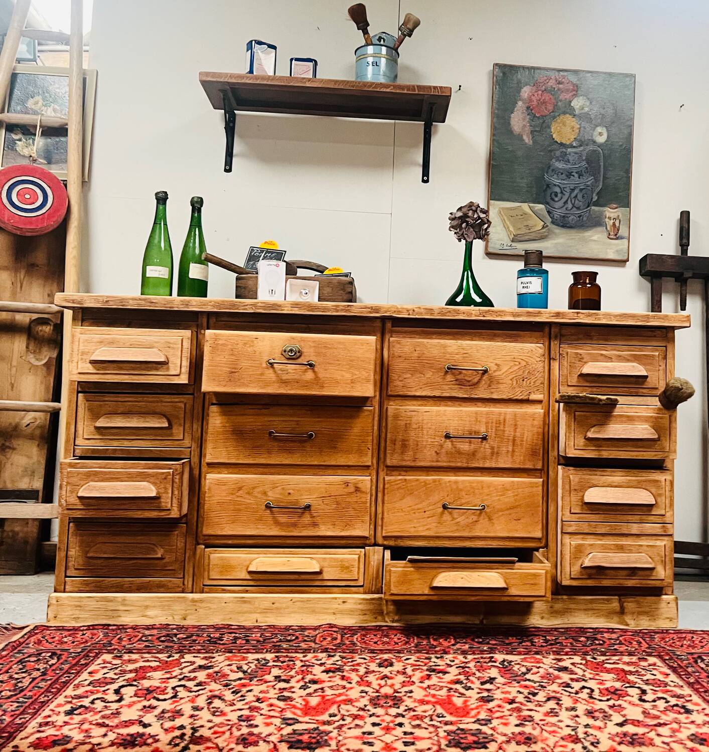 Antique oak hardware cabinet