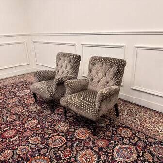 Set of Chesterfield armchairs velvet pattern grey