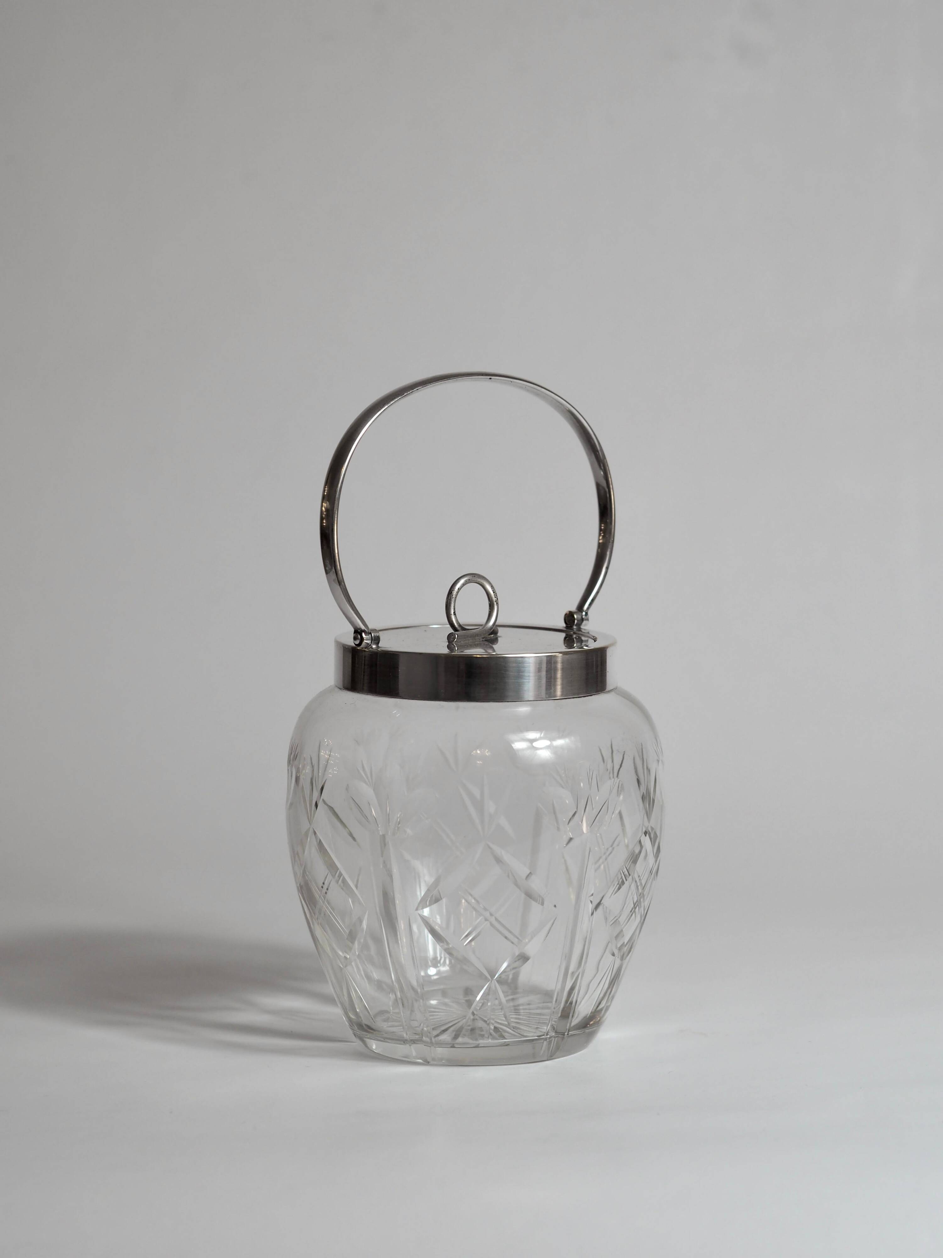 Crystal biscuit barrel with silver-plated mounts and handle, Austrian cut, 1920s.
