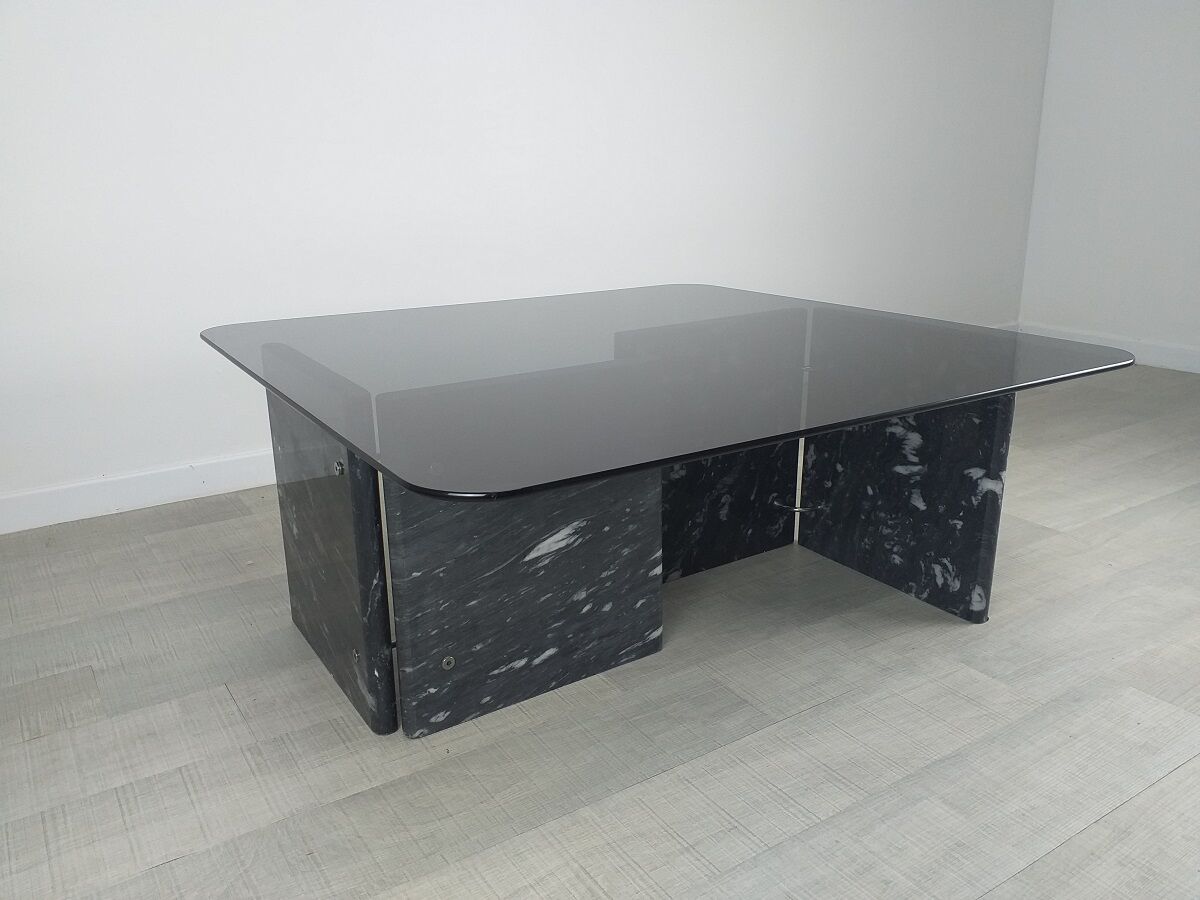 Table basse design années 80 vintage marbre verre