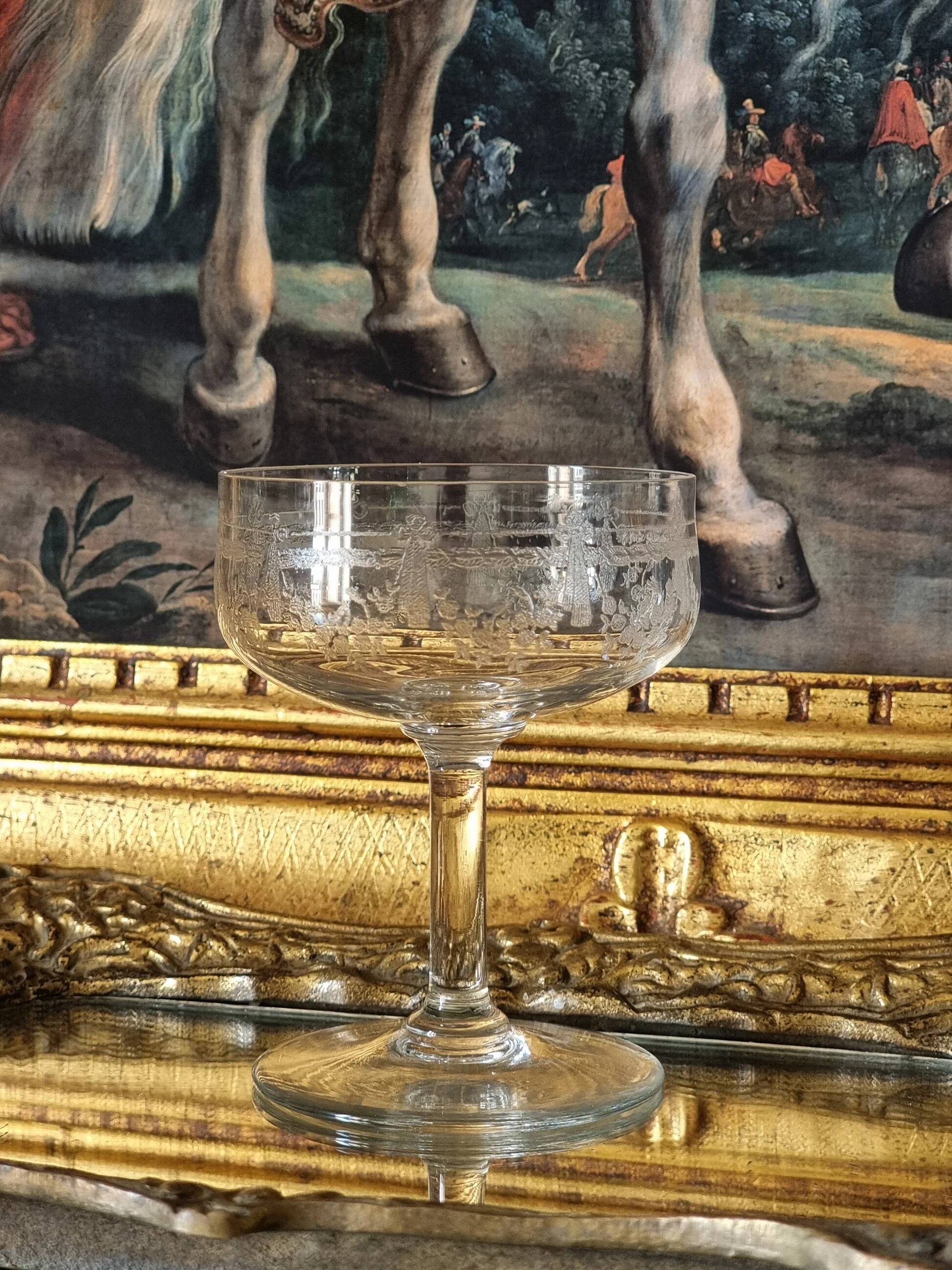 Engraved crystal champagne coupes