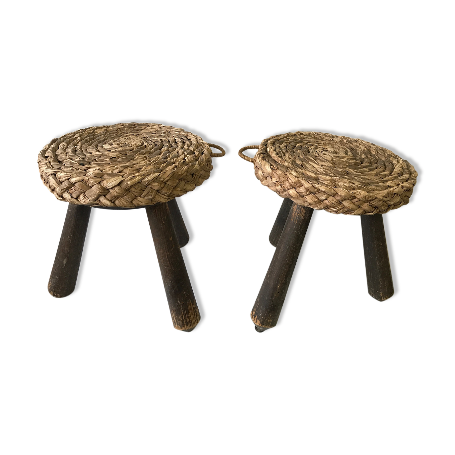 Paire de tabourets en bois et paille tressée