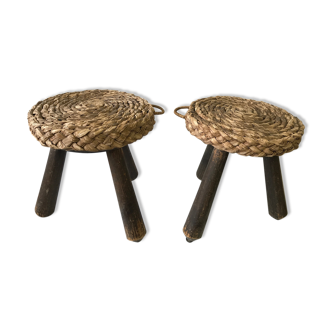 Paire de tabourets en bois et paille tressée