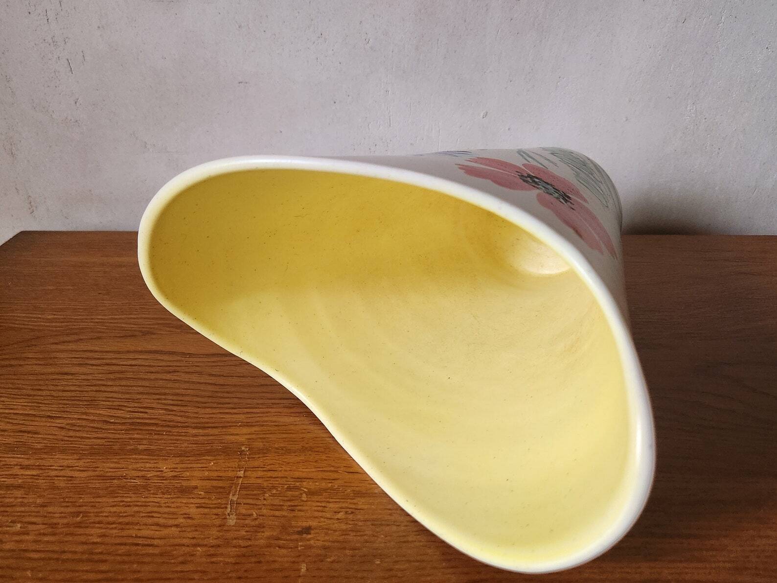 Vintage Vallauris 1960s Studio Art Vase Hand Painted Flowers & Yellow