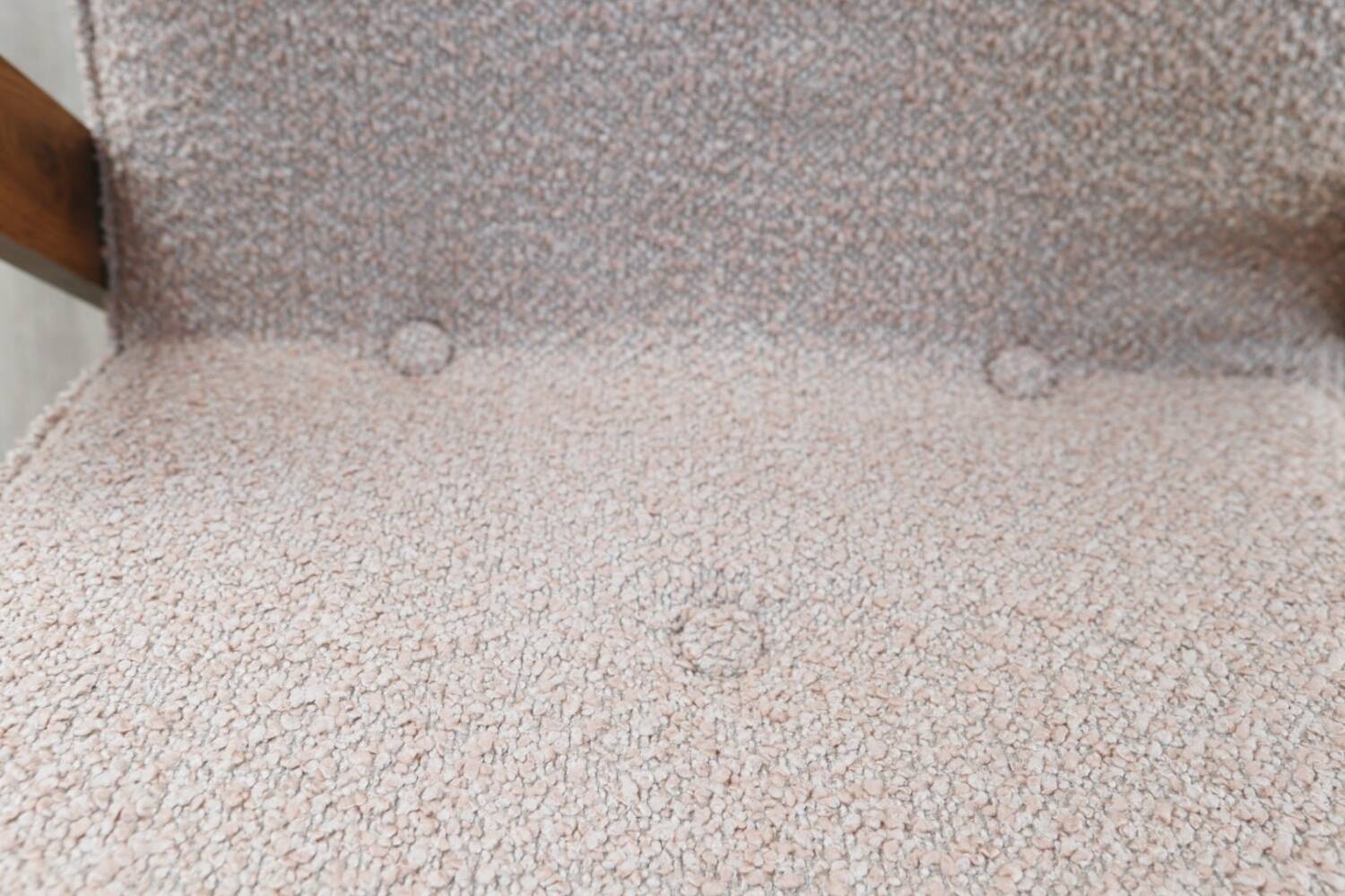 Vintage armchair in oak wood with powder pink boucle design by Chierowski.