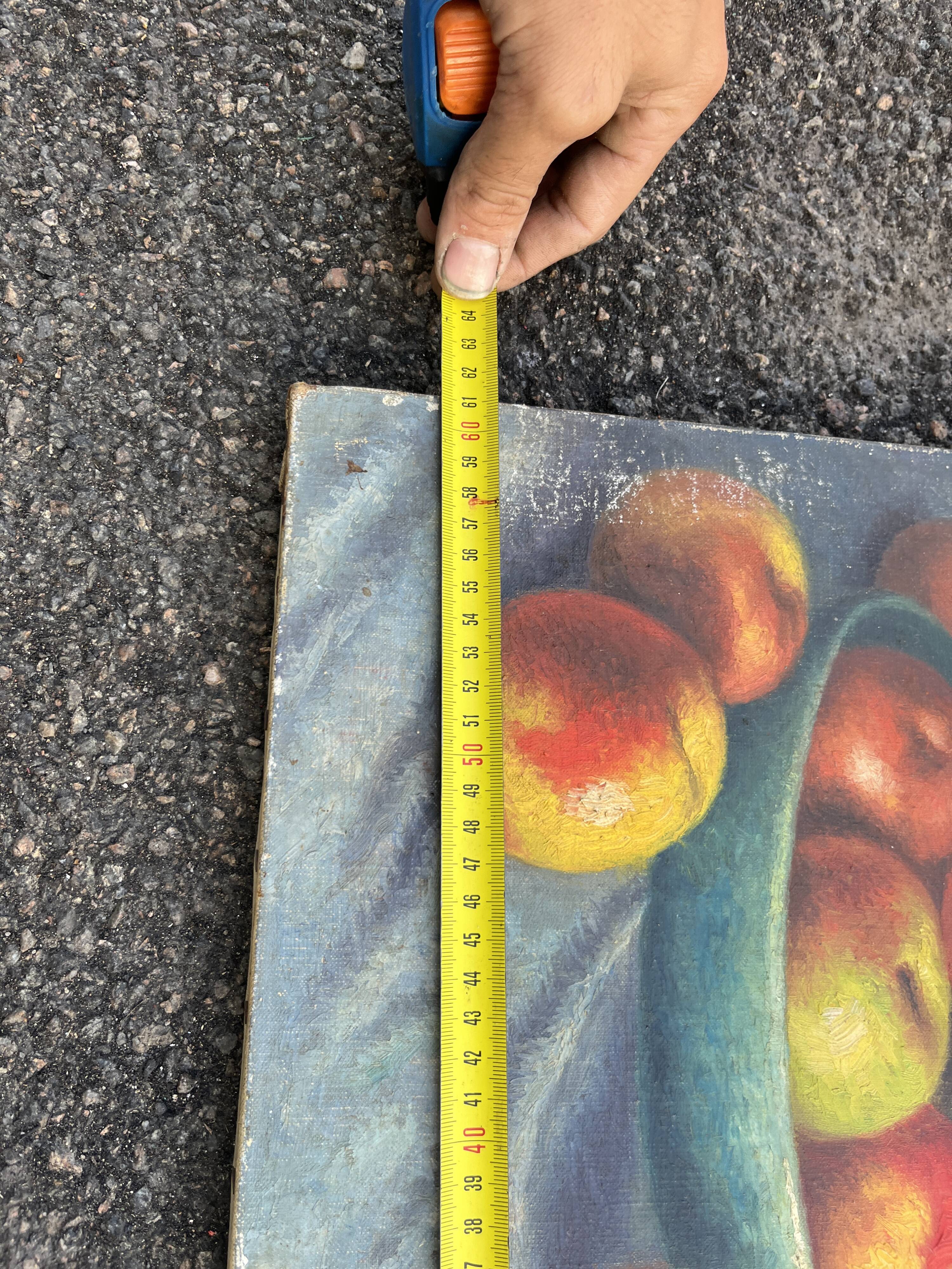 Antique painting Still life – apples, blue pottery and brass jug