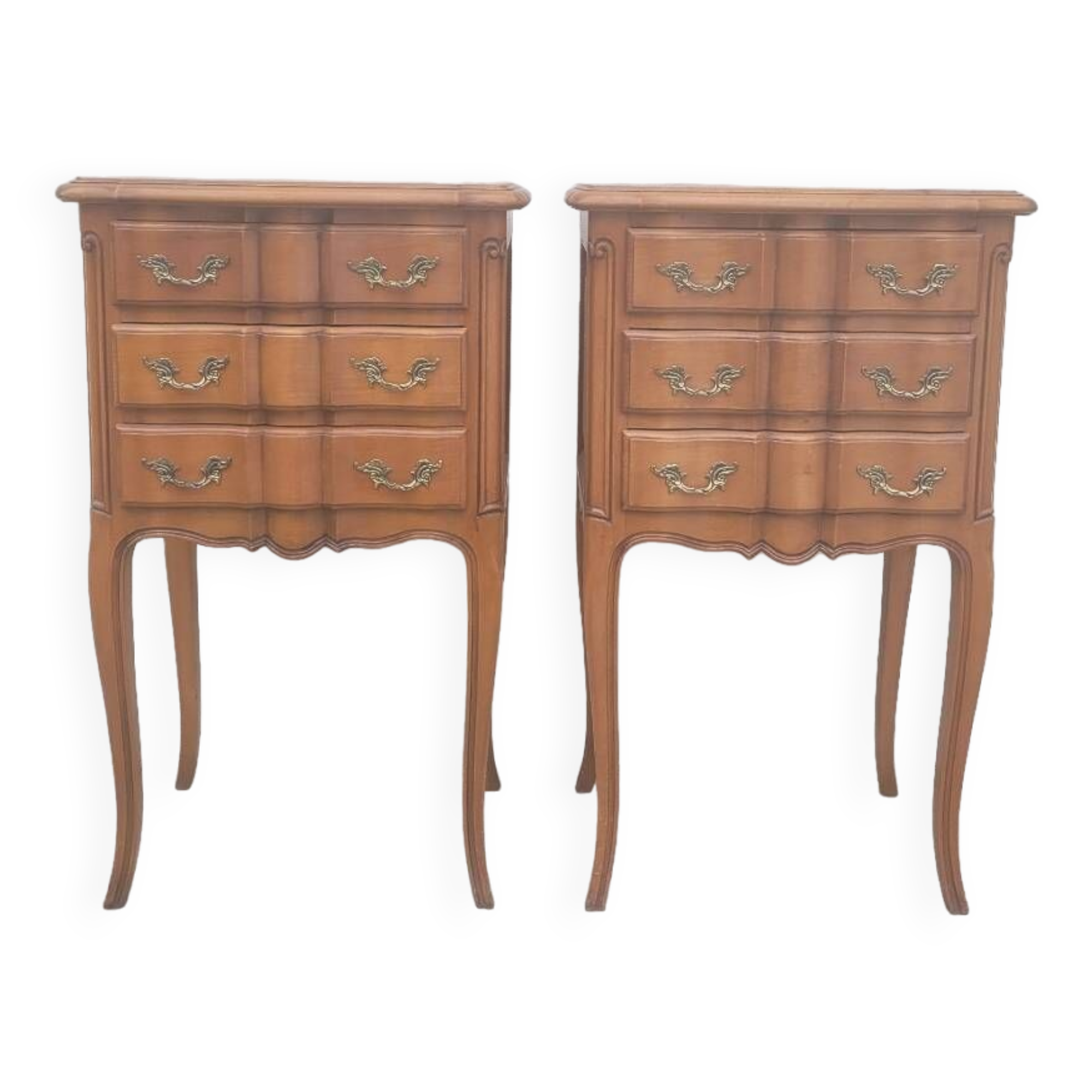 Pair of Louis xv style bedside tables in cherry wood, 3 drawers