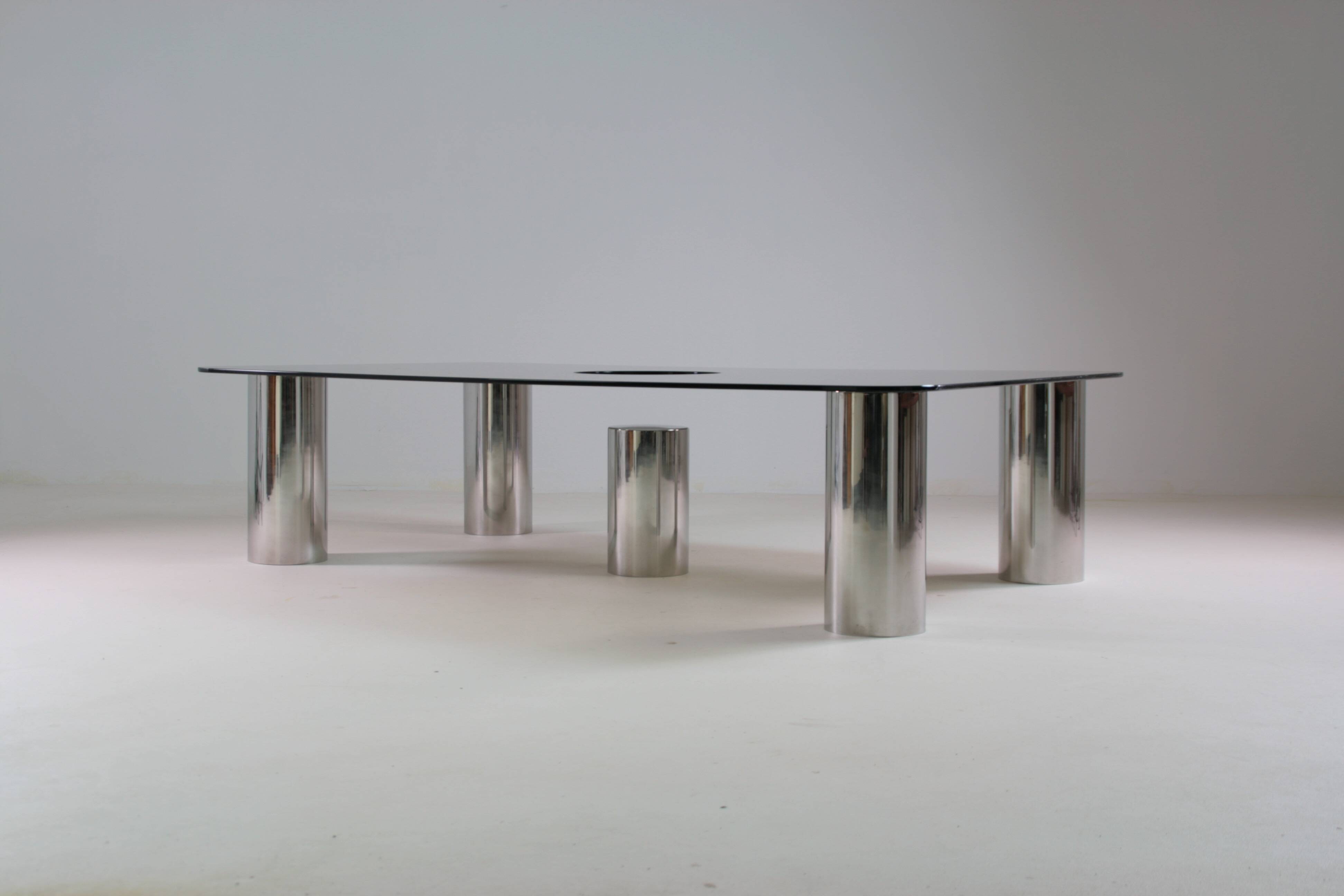 Large coffee table in chromed metal and smoked glass, Italy 1970