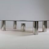 Large coffee table in chromed metal and smoked glass, Italy 1970