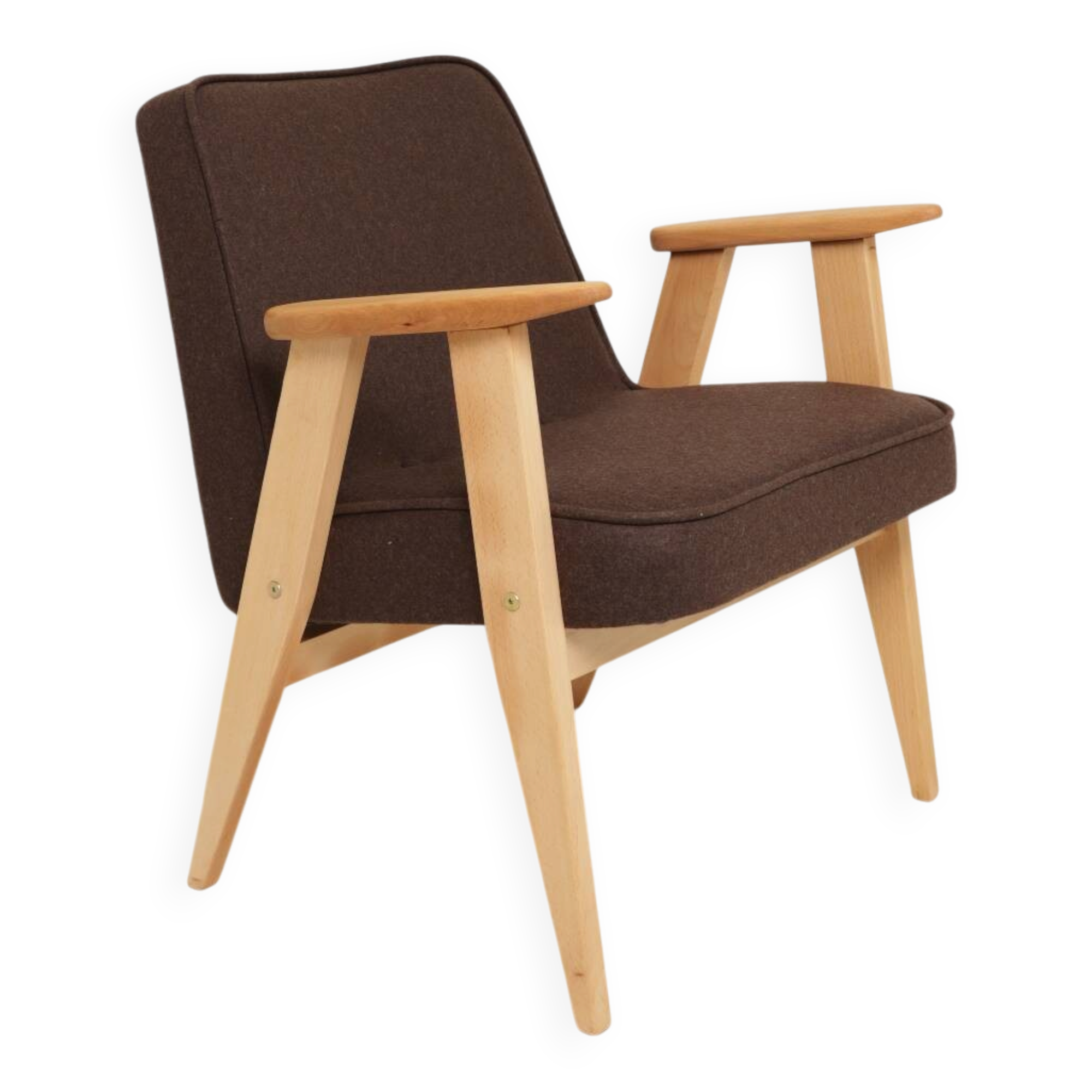 Fauteuil rétro en tissu en laine cacao, bois de hêtre naturel