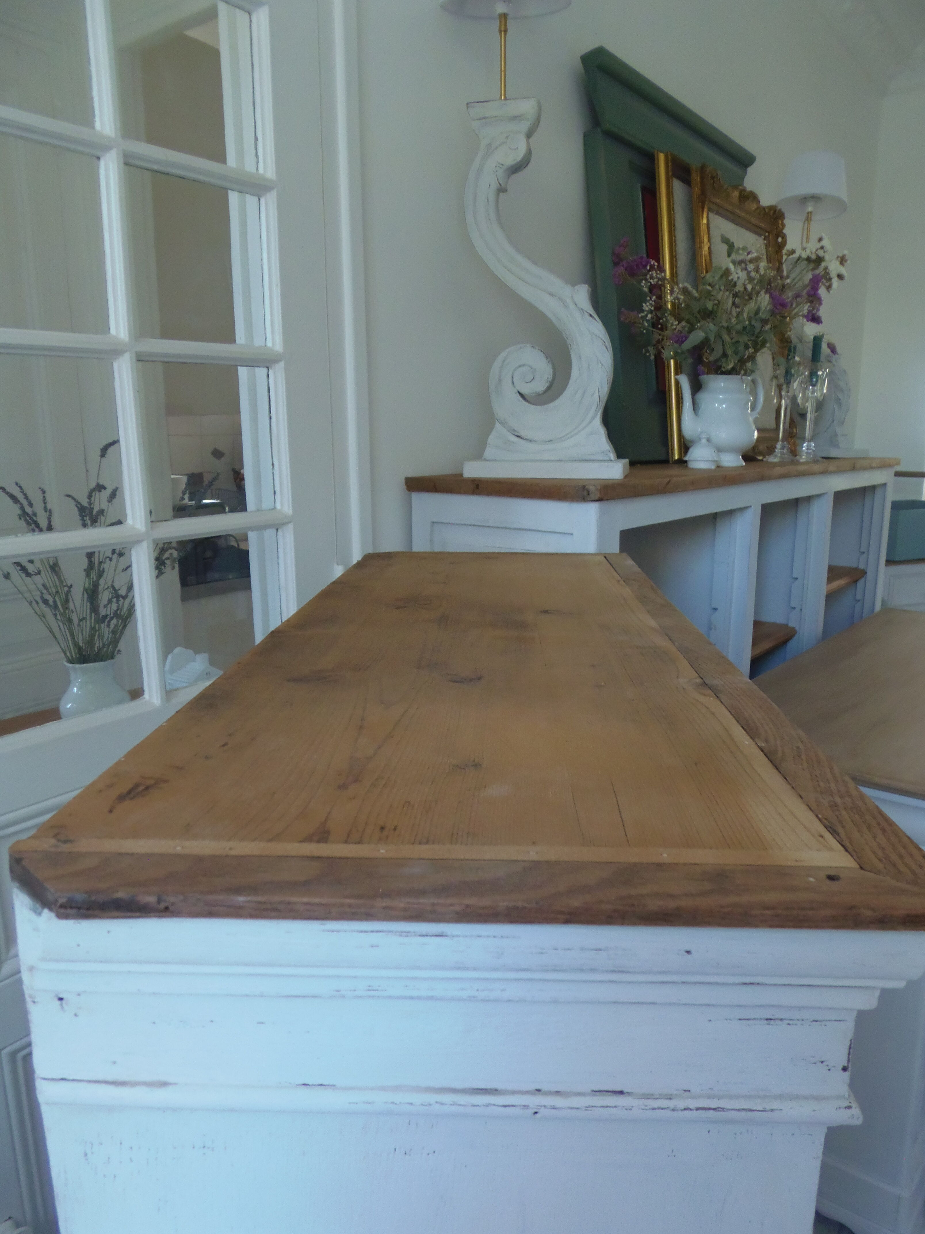 Showcase, bookcase, vintage pearl grey patinated cupboard, wooden top.