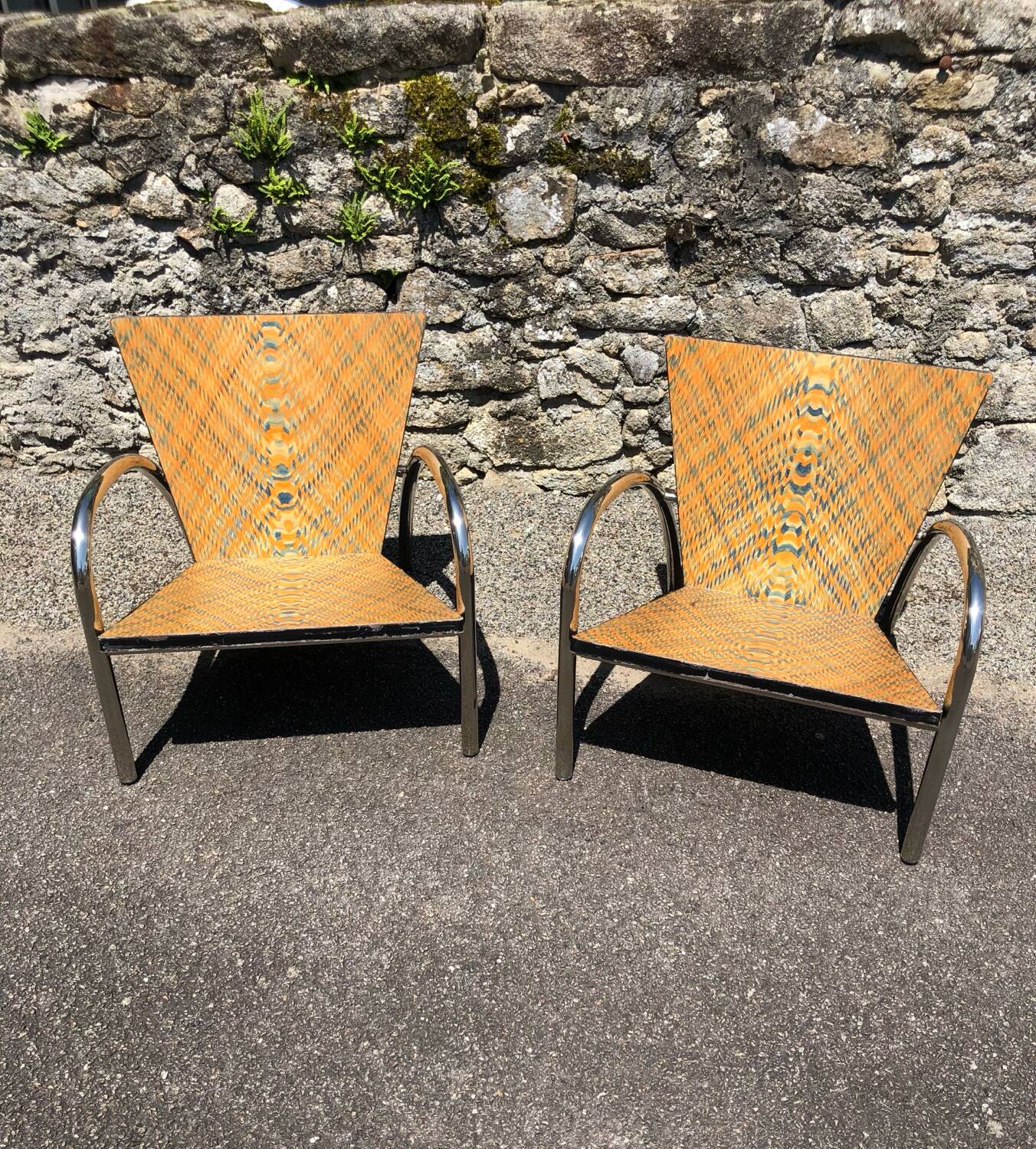 Pair of 2 atypical armchairs wood, chrome and leather vintage 1980
