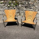 Pair of 2 atypical armchairs wood, chrome and leather vintage 1980