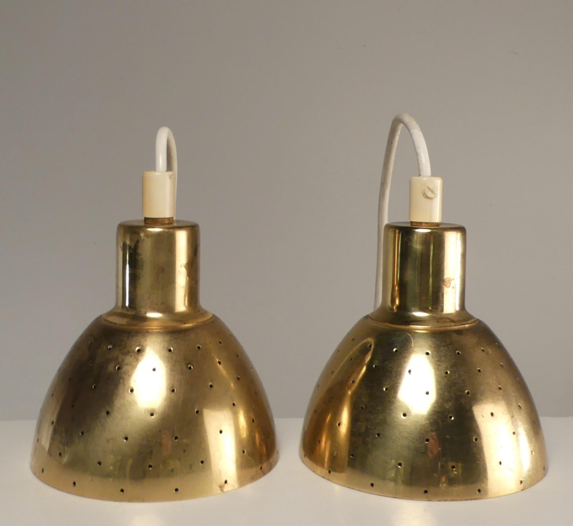 Hans-Agne Jakobsson Perforated Brass Pendants Pair for Markaryd 1960
