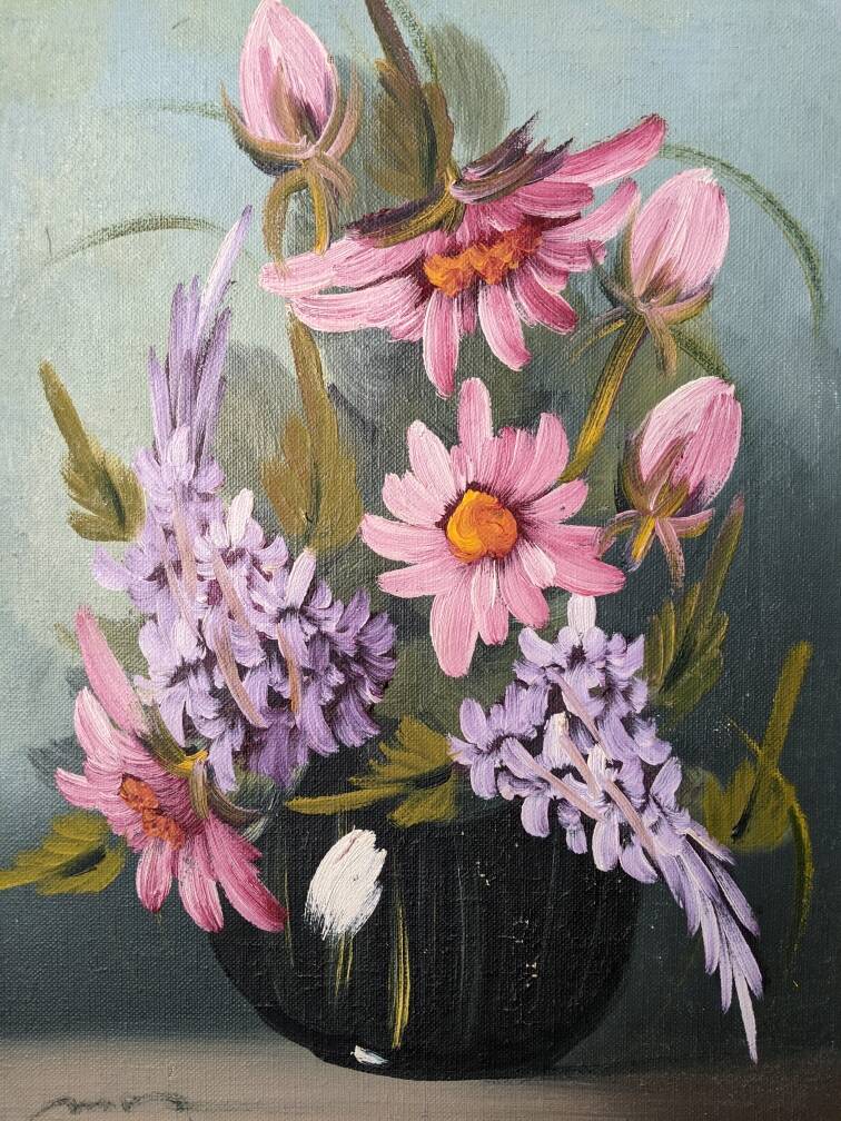 Acrylic painting on canvas, bohemian countryside decoration, flowers, still life