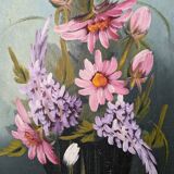 Acrylic painting on canvas, bohemian countryside decoration, flowers, still life