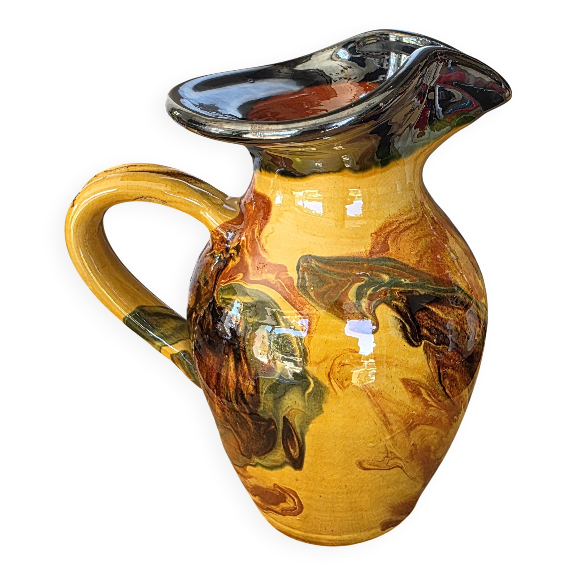 Large speckled vintage pitcher 21cm mixed clay enamelled in the Vallauris style