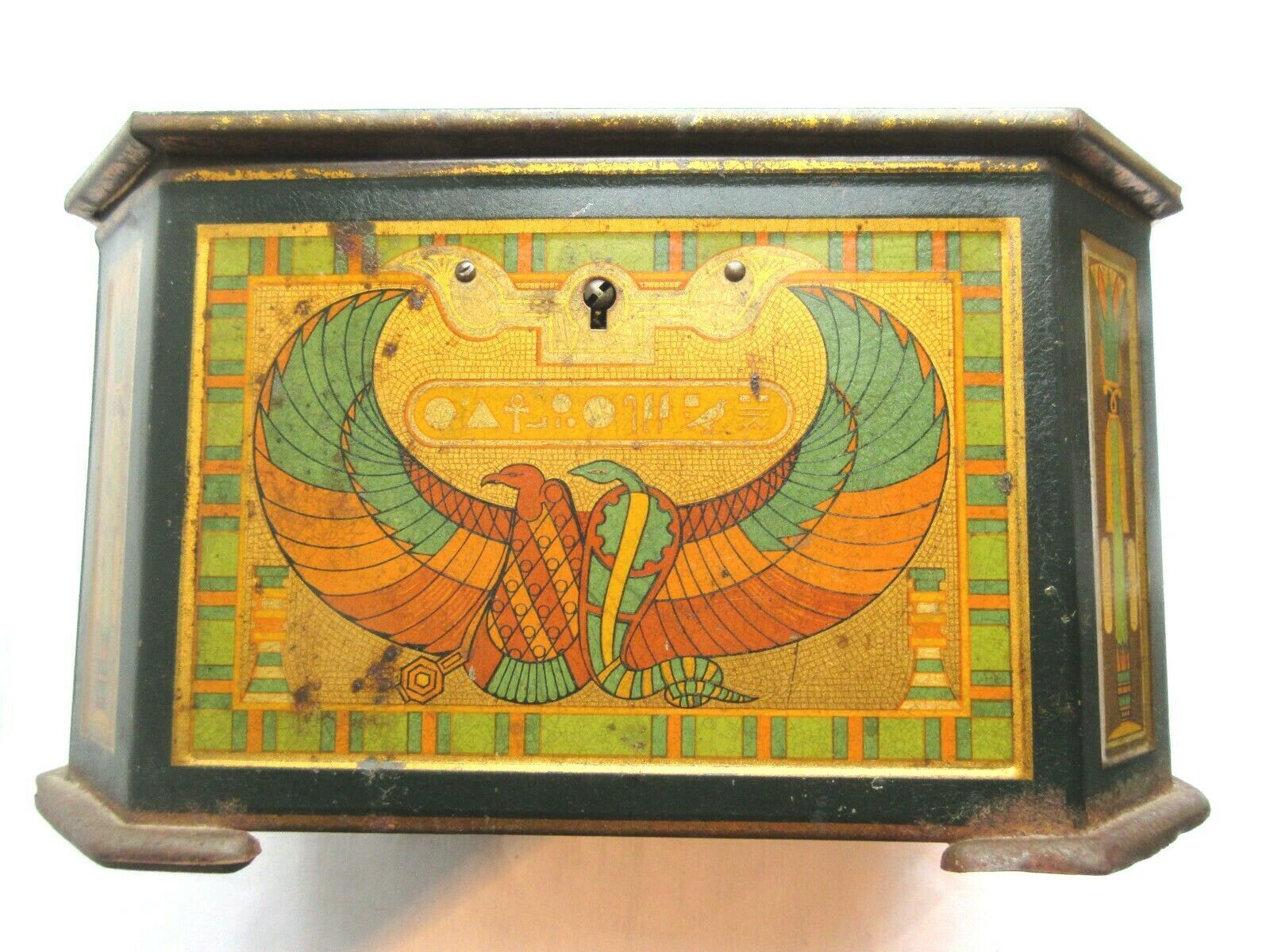 Octagonal sewing box with mirror, lithographed sheet: antique scene, 1900