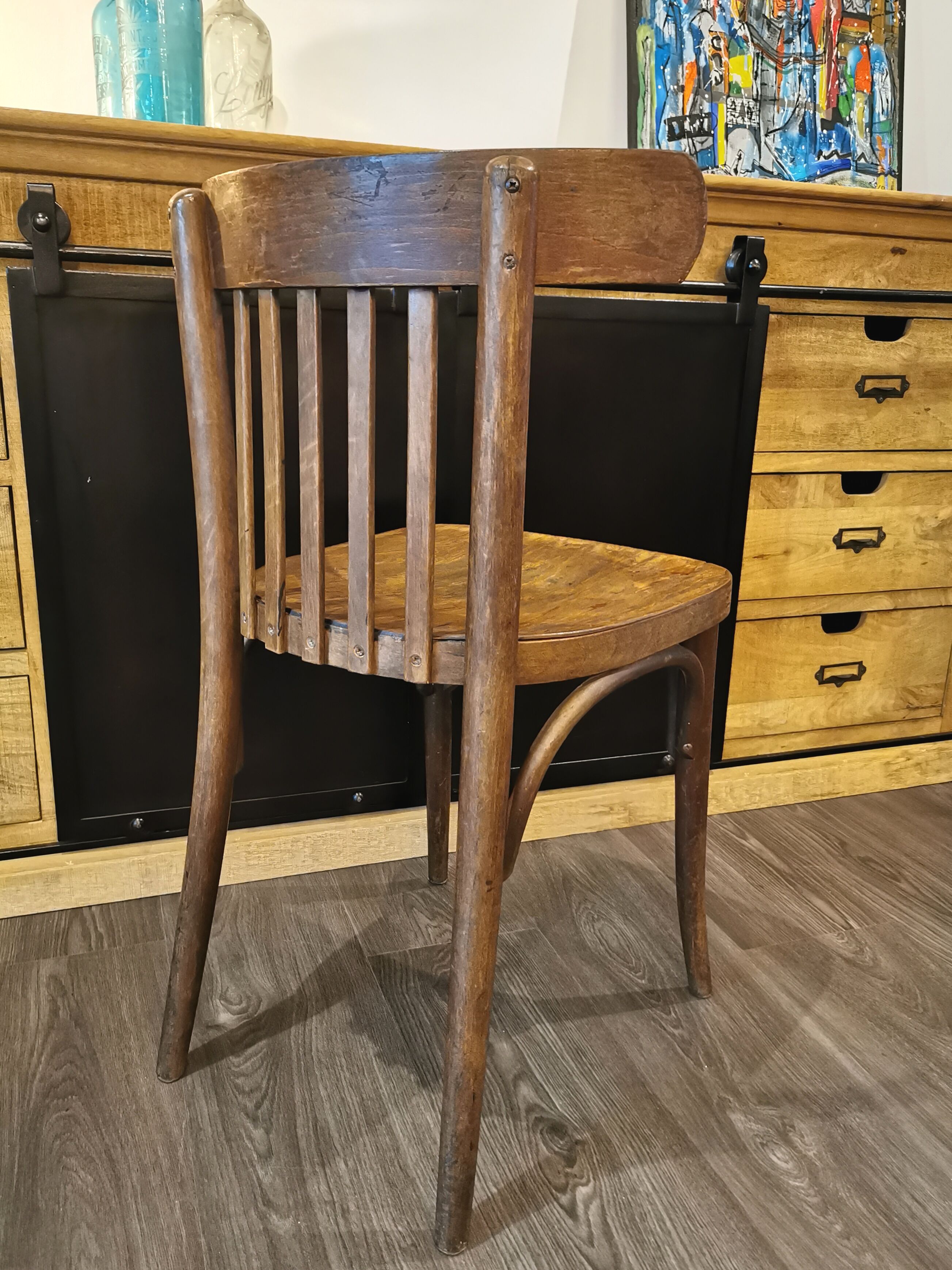 Series of 6 mismatched bistro chairs Baumann and Mahieu