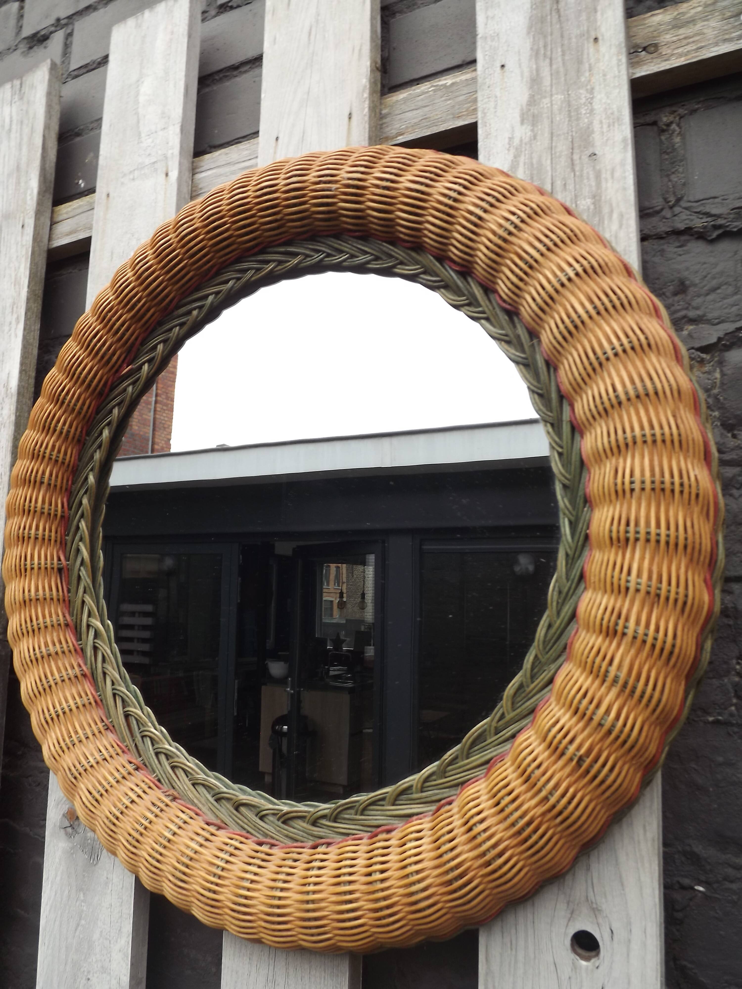 Vintage 70's circular wicker mirror