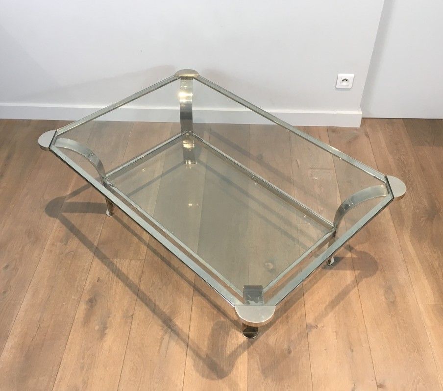 Large designer coffee table in chrome with glass tops
