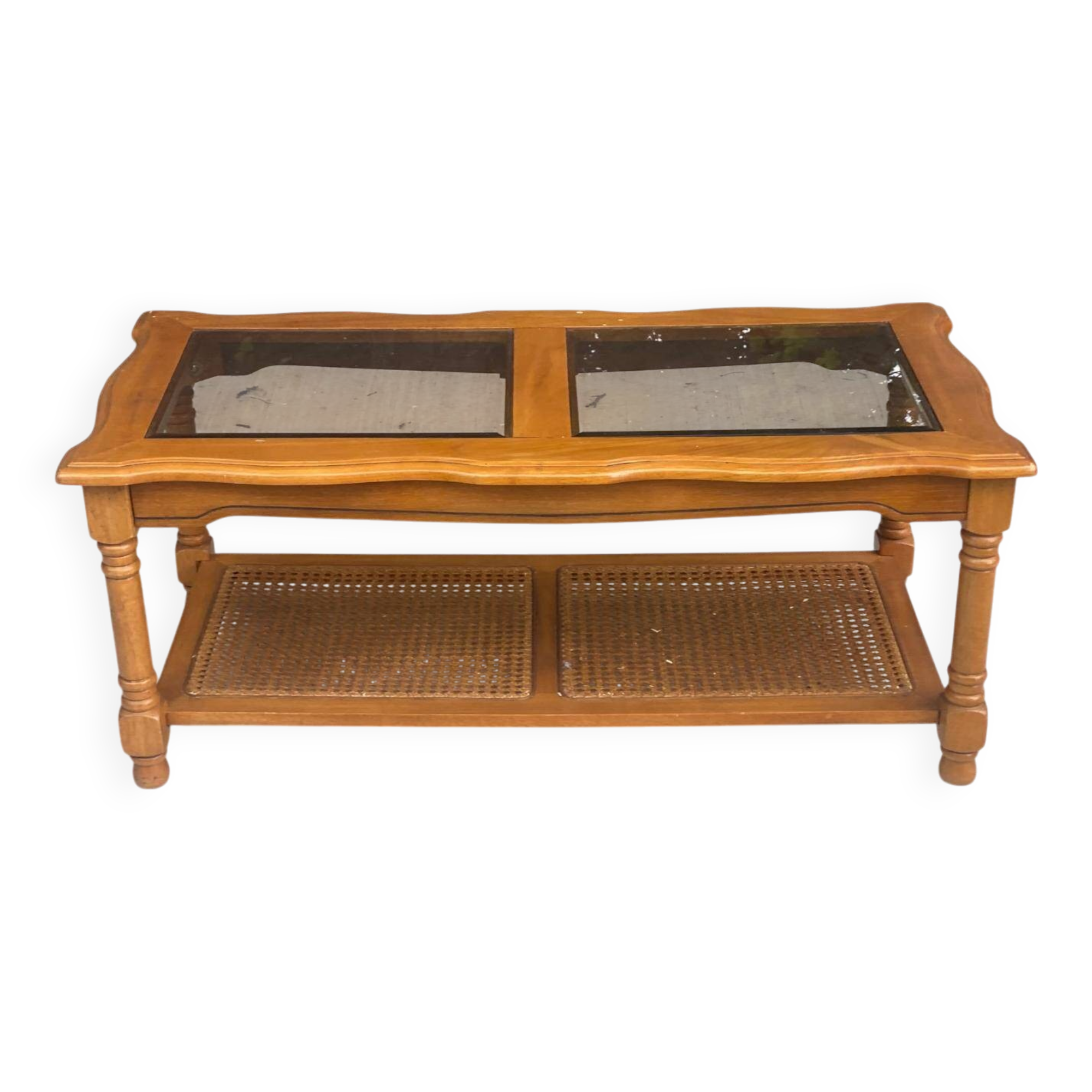 Vintage solid wood coffee table with glass and cane 100x50cm