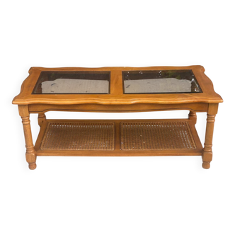 Vintage solid wood coffee table with glass and cane 100x50cm