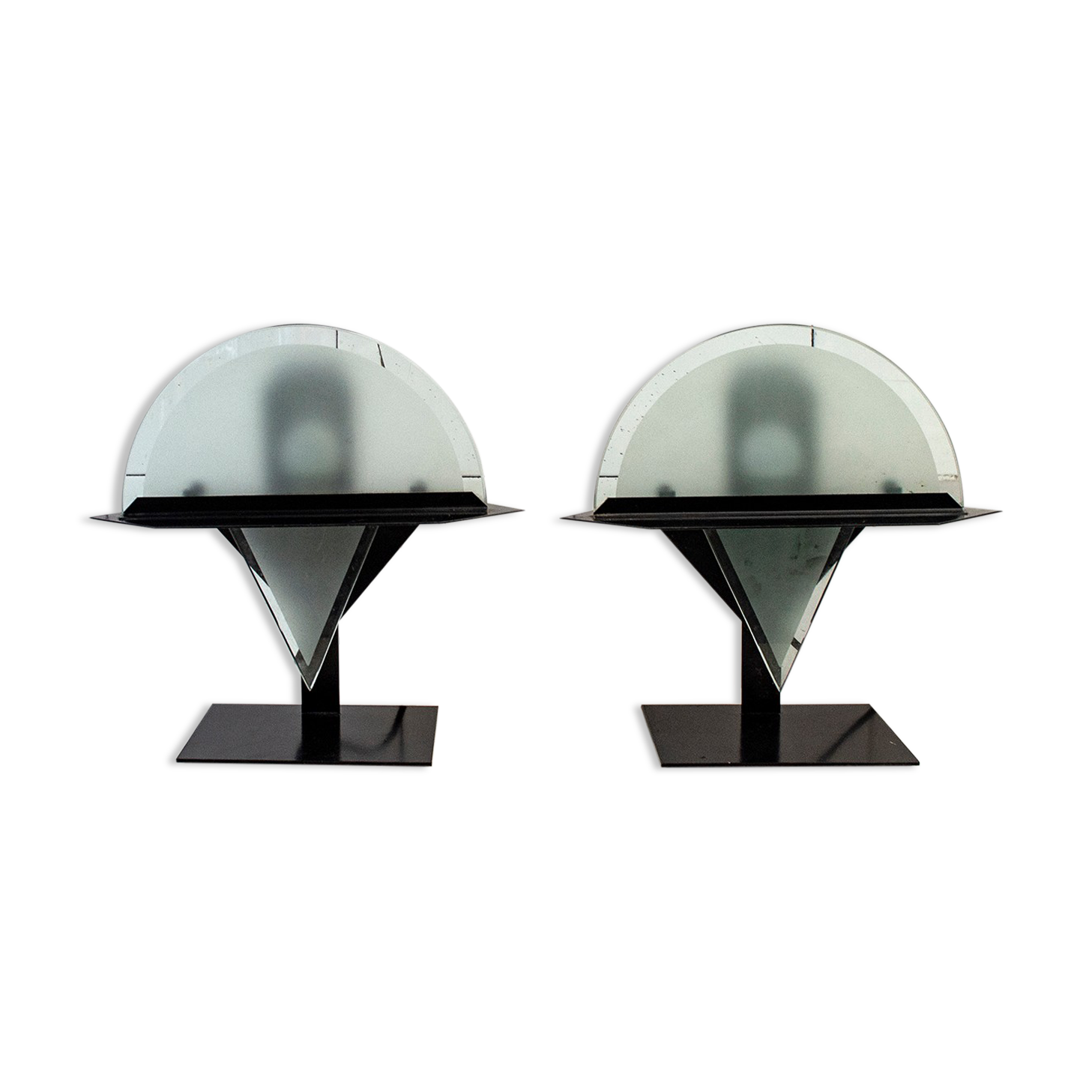 Pair of postmodern lamps with iron structure and lampshade in satin glass Italy 80s