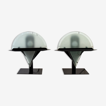 Pair of postmodern lamps with iron structure and lampshade in satin glass Italy 80s