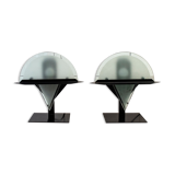 Pair of postmodern lamps with iron structure and lampshade in satin glass Italy 80s
