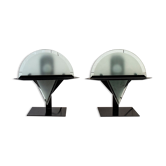 Pair of postmodern lamps with iron structure and lampshade in satin glass Italy 80s