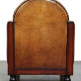 Sheepskin Art Deco design armchair with wood and beautiful cognac-colored leather