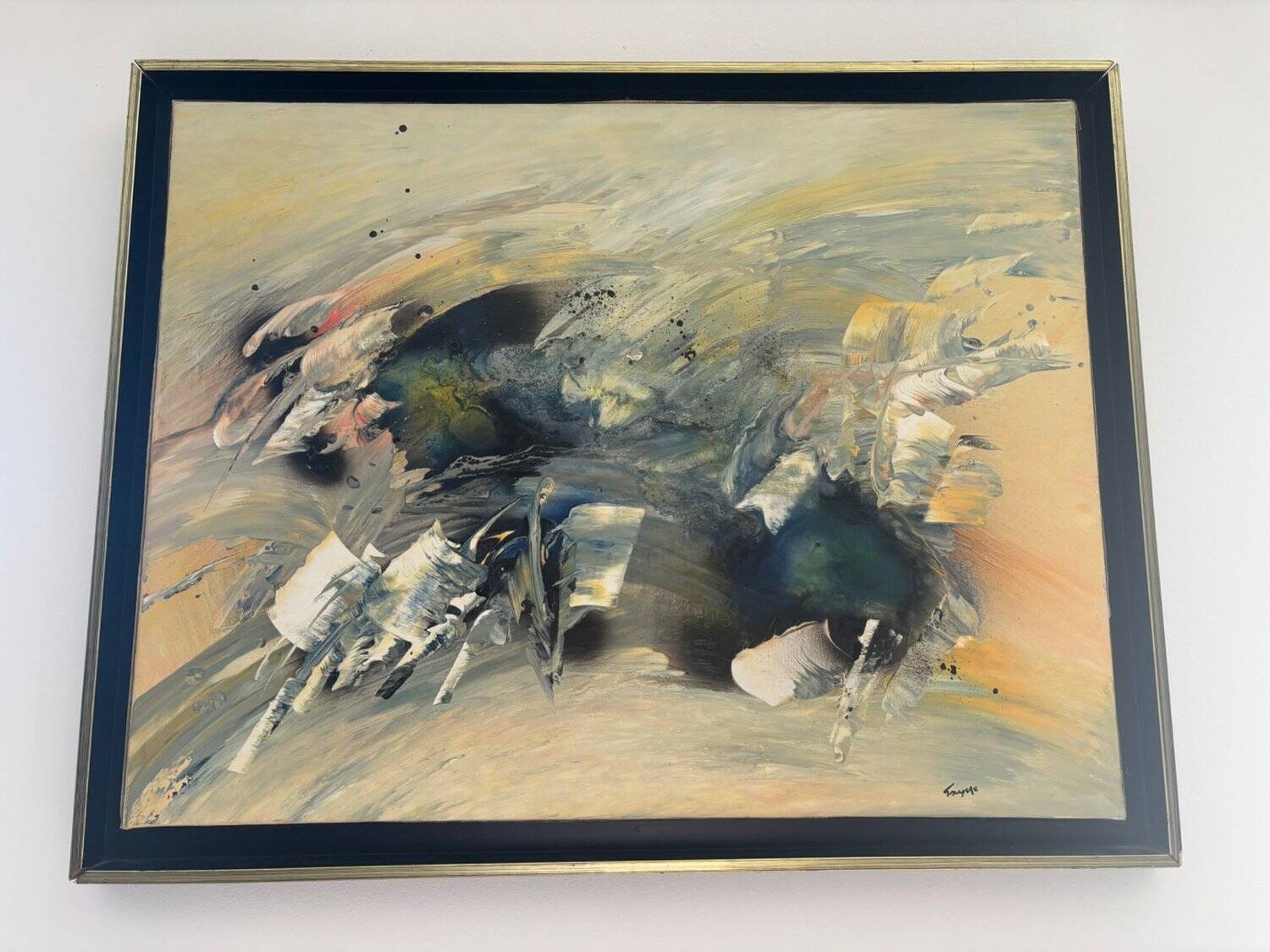 Abstract Lyrical Tableau Oil on Canvas Black and Gold Frame 1960s