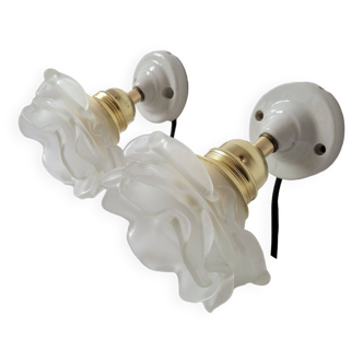 Duo of glass and porcelain flower wall lights