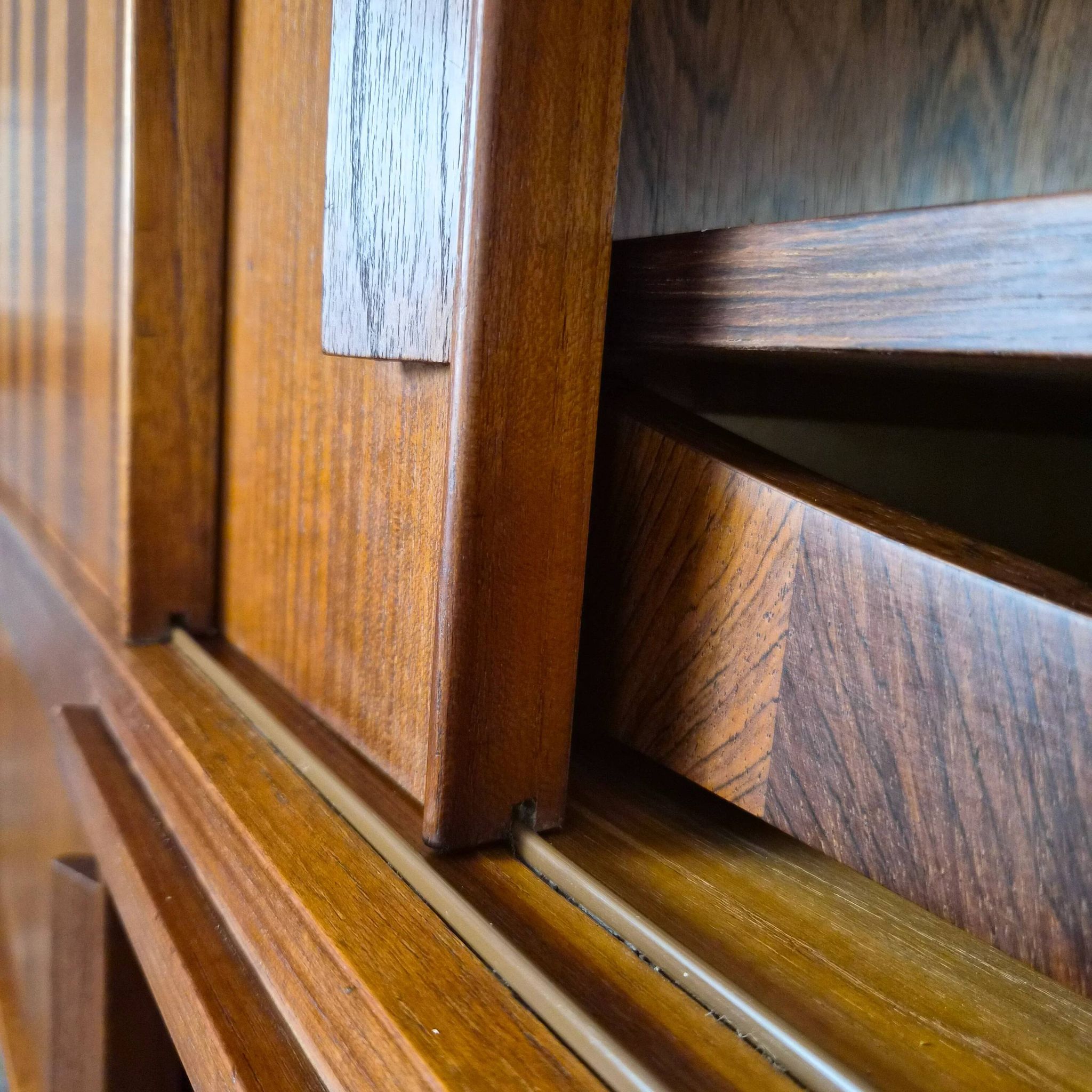 Teak and rosewood enfilade with drawers and doors in marquetry, Denmark, 1950.