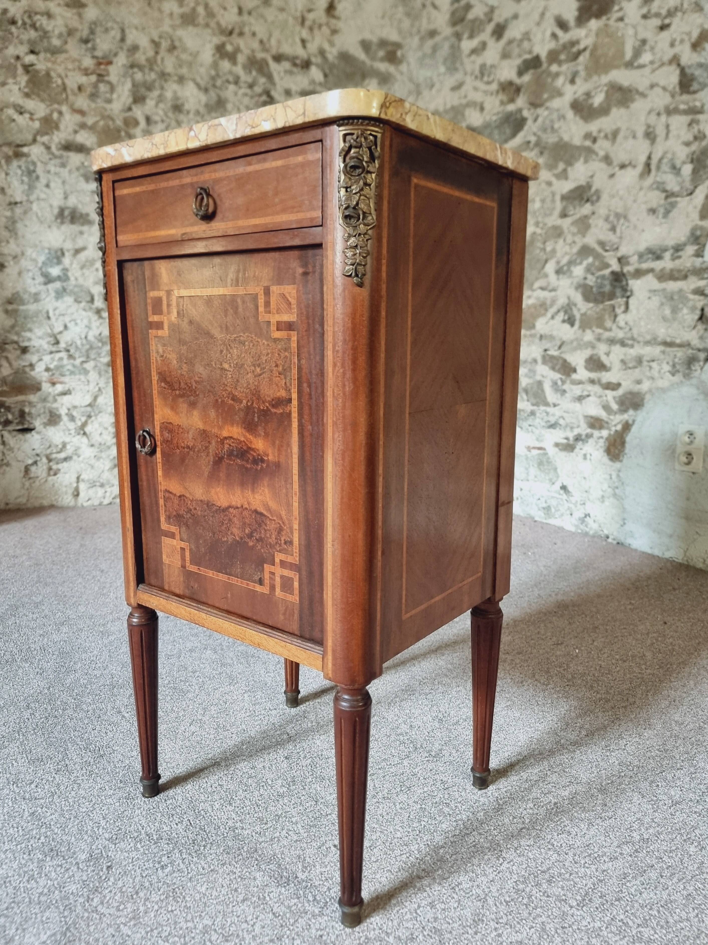 Antique French mahogany and walnut bedside table with marble top