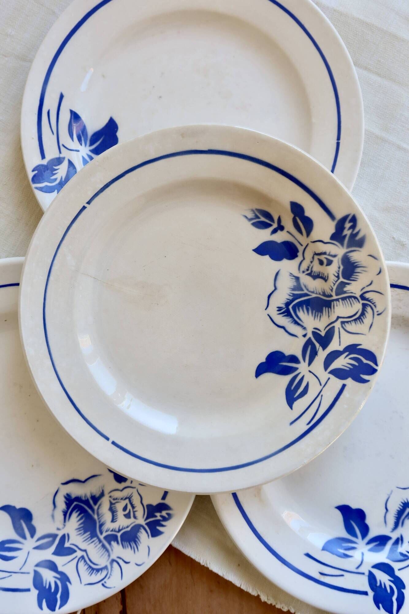 4 vintage ironstone dessert plates Digoin Sarreguemines Hubert blue