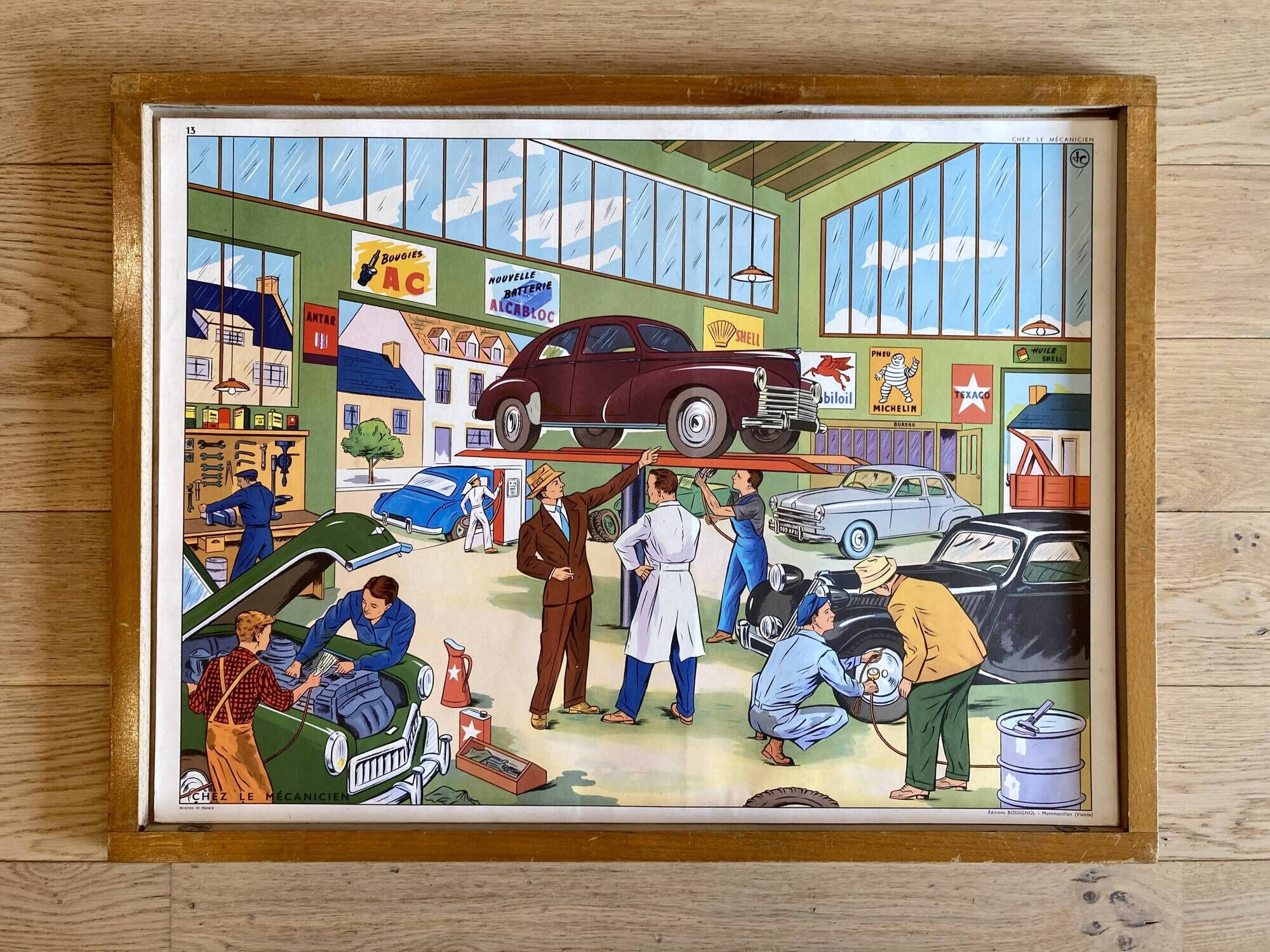 Educational poster Rossignol vintage 60s - at the mechanic and at the station